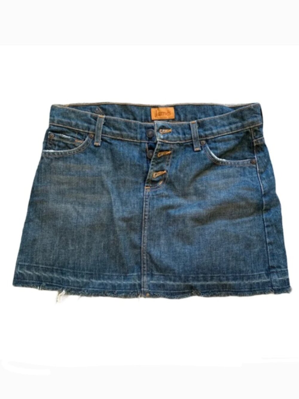 James Preserved Denim Mini Skirt 28 Button Fly Frayed Hem Y2K Made in USA